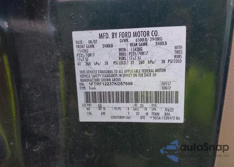 2007 Ford F-150 Stx/Xl/Xlt z USA, uszkodzony, nr VIN 1FTRF12237KD57696